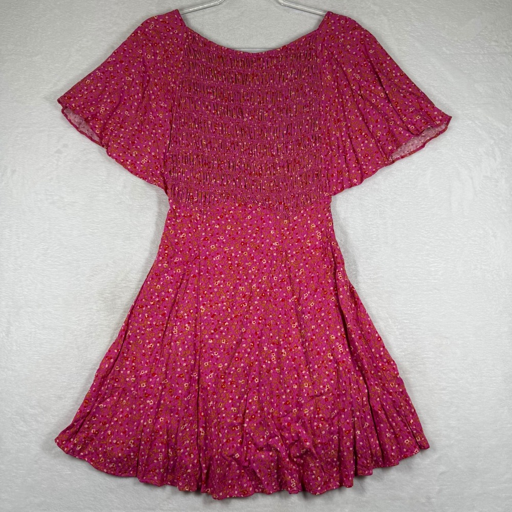 Free People Pink Floral Smocked Lace Up Back Fit & Flare Mini Dress XS OB1557889